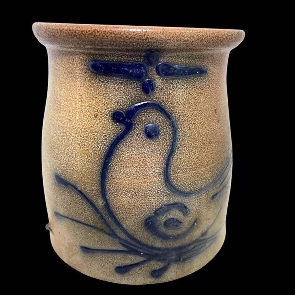 Handcrafted Stoneware Pottery Vase With Blue Bird Design Brown & Blue Tones Sign